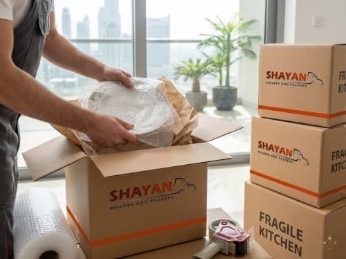 Professional packing services with boxes and bubble wrap